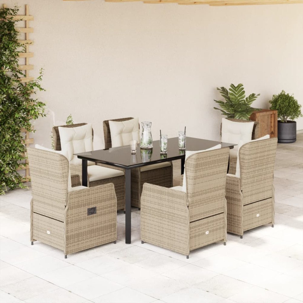 vidaXL Matgrupp för trädgården med dynor 7 delar beige konstrotting