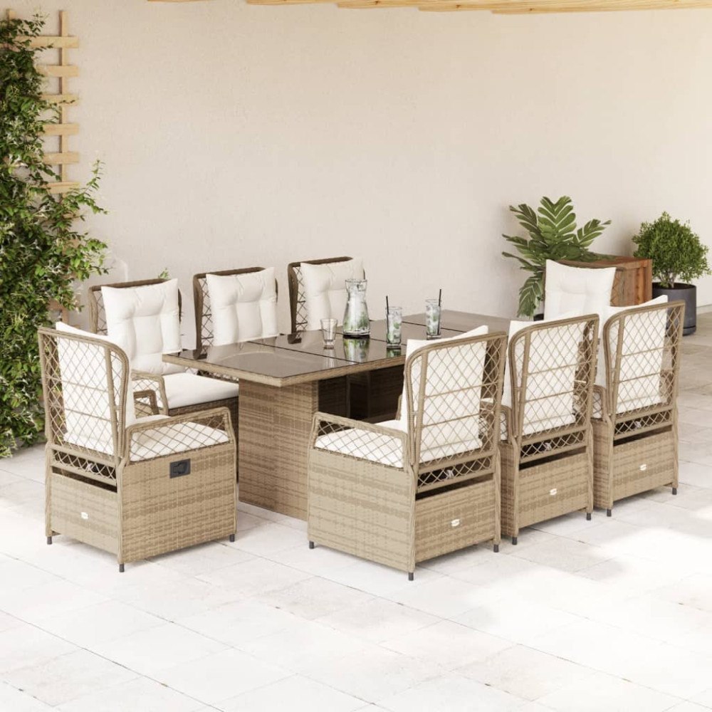 vidaXL Matgrupp för trädgården med dynor 9 delar beige konstrotting