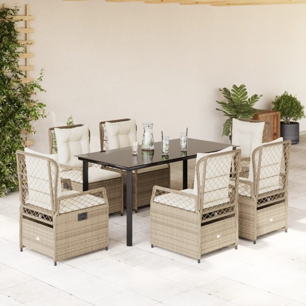 vidaXL Matgrupp för trädgården med dynor 7 delar beige konstrotting
