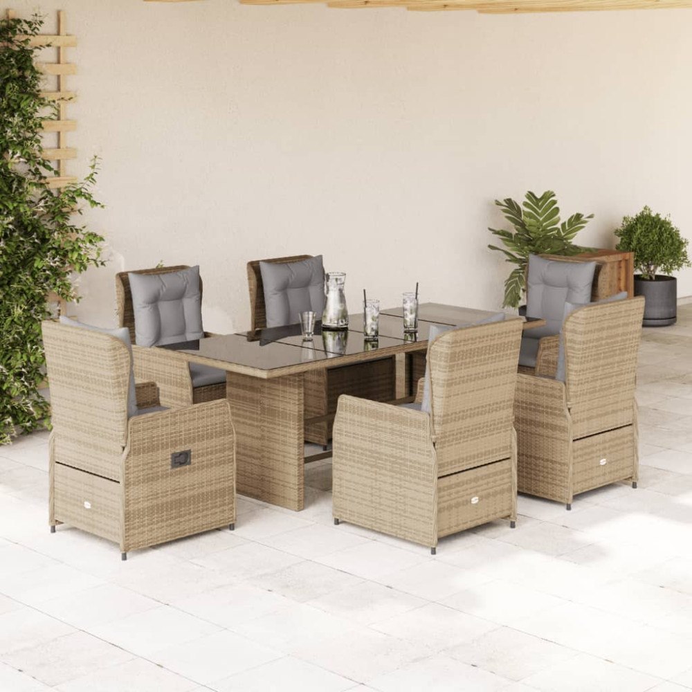 vidaXL Matgrupp för trädgården med dynor 7 delar beige konstrotting