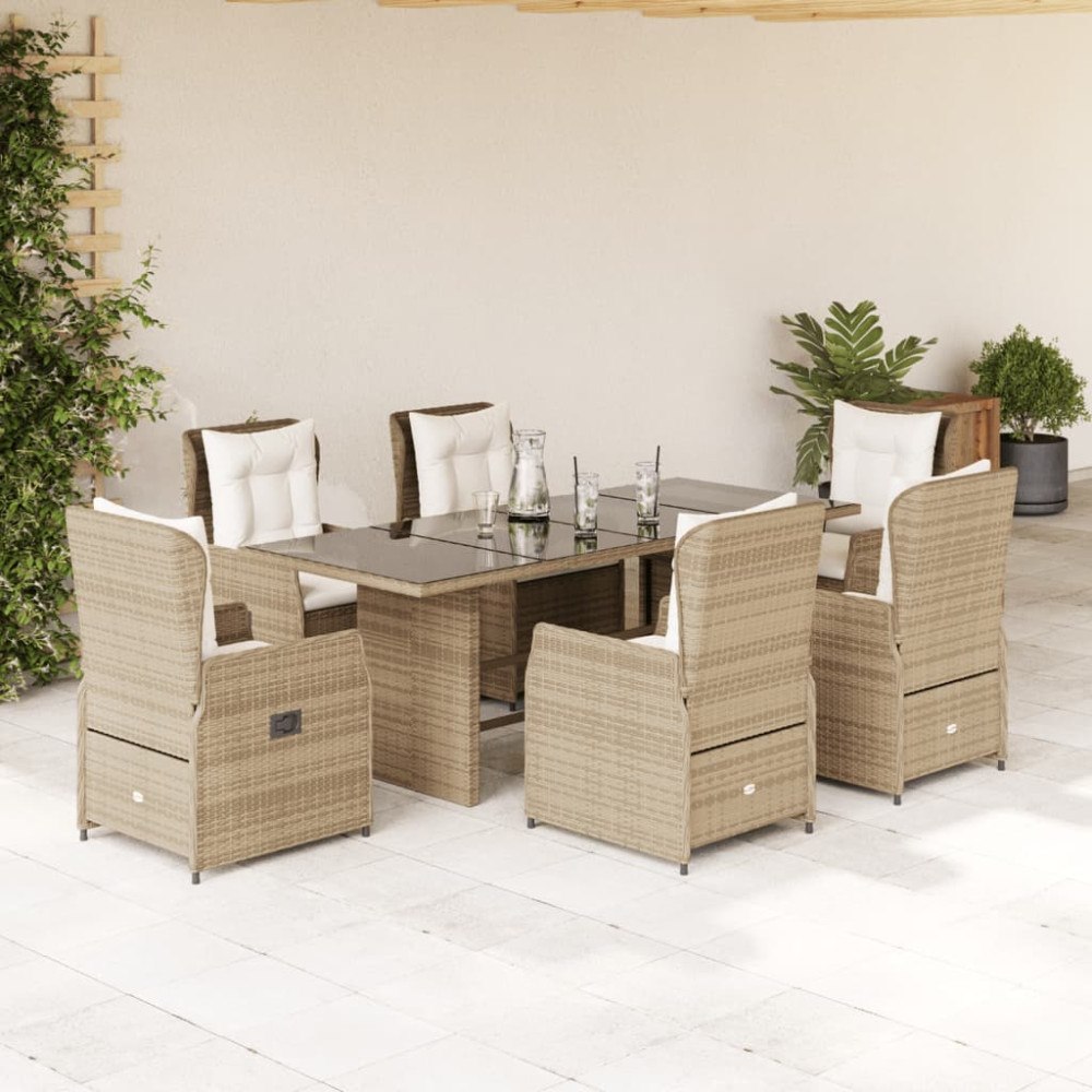 vidaXL Matgrupp för trädgården med dynor 7 delar beige konstrotting