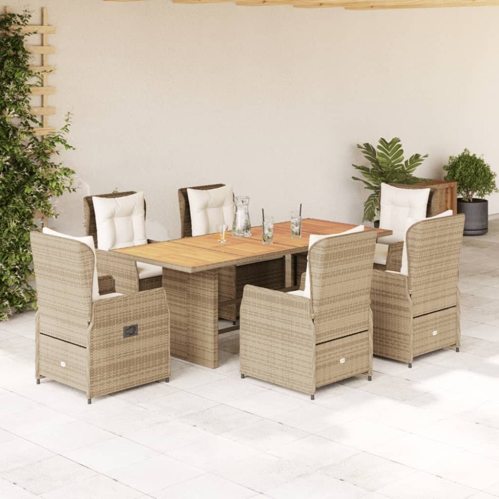 vidaXL Matgrupp för trädgården med dynor 7 delar beige konstrotting