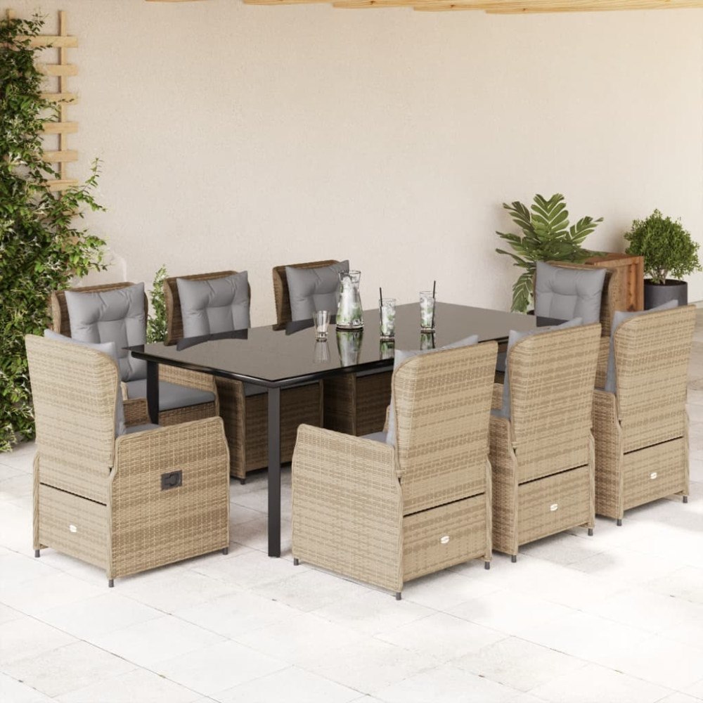 vidaXL Matgrupp för trädgården med dynor 9 delar beige konstrotting