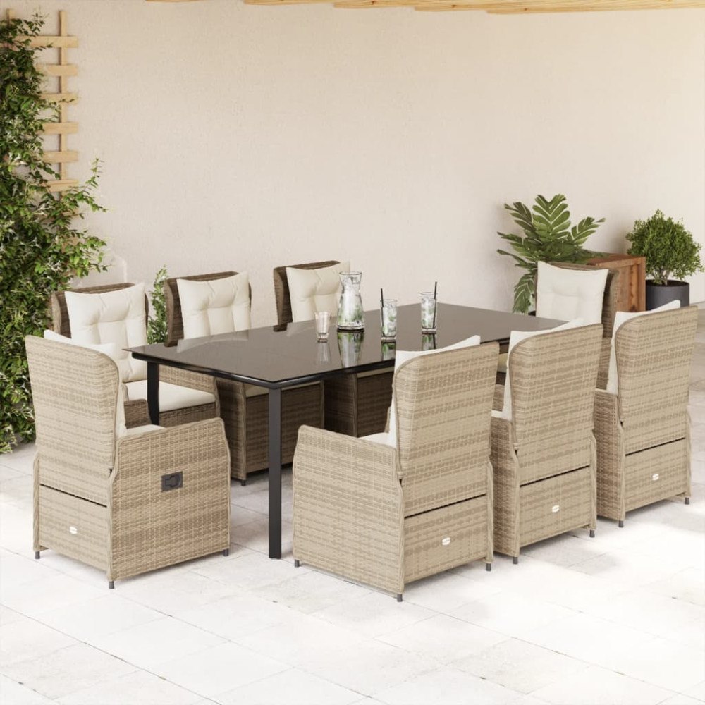 vidaXL Matgrupp för trädgården med dynor 9 delar beige konstrotting