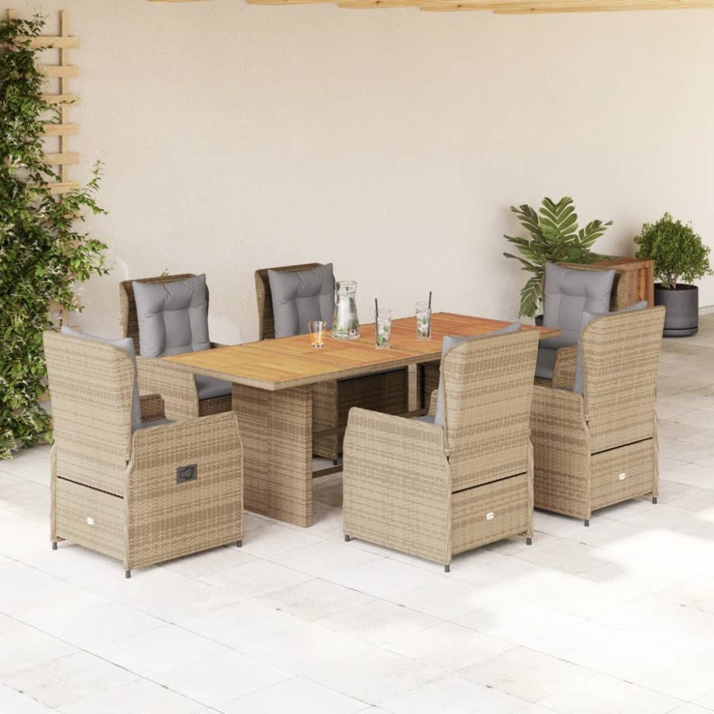 vidaXL Matgrupp för trädgården med dynor 7 delar beige konstrotting