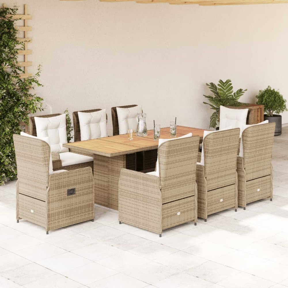 vidaXL Matgrupp för trädgården med dynor 9 delar beige konstrotting