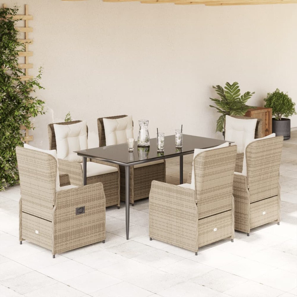 vidaXL Matgrupp för trädgården med dynor 7 delar beige konstrotting