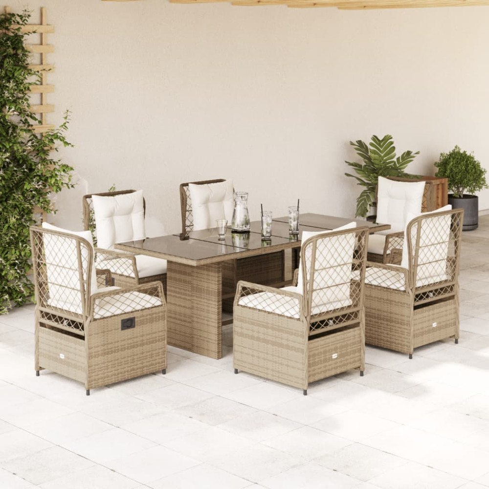 vidaXL Matgrupp för trädgården med dynor 7 delar beige konstrotting