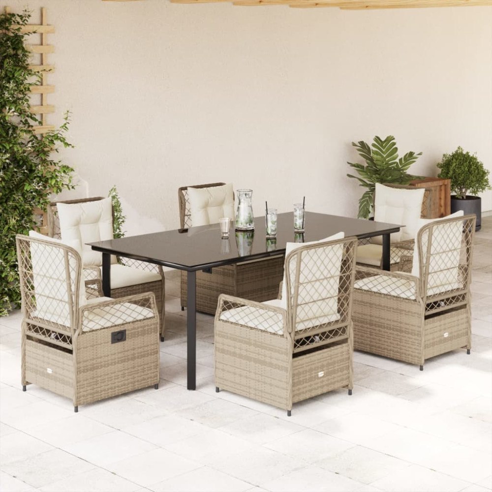 vidaXL Matgrupp för trädgården med dynor 7 delar beige konstrotting