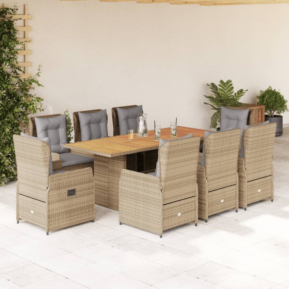 vidaXL Matgrupp för trädgården med dynor 9 delar beige konstrotting
