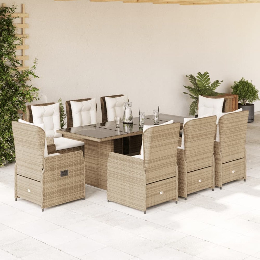vidaXL Matgrupp för trädgården med dynor 9 delar beige konstrotting