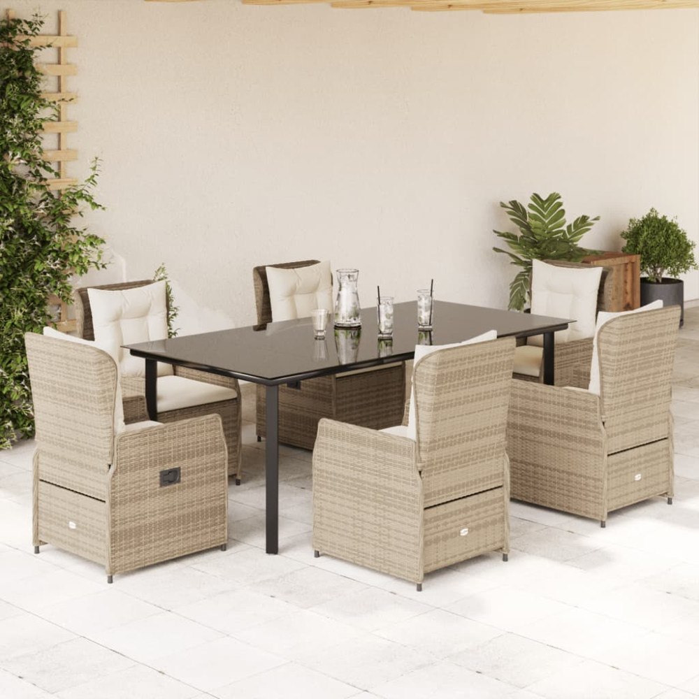 vidaXL Matgrupp för trädgården med dynor 7 delar beige konstrotting