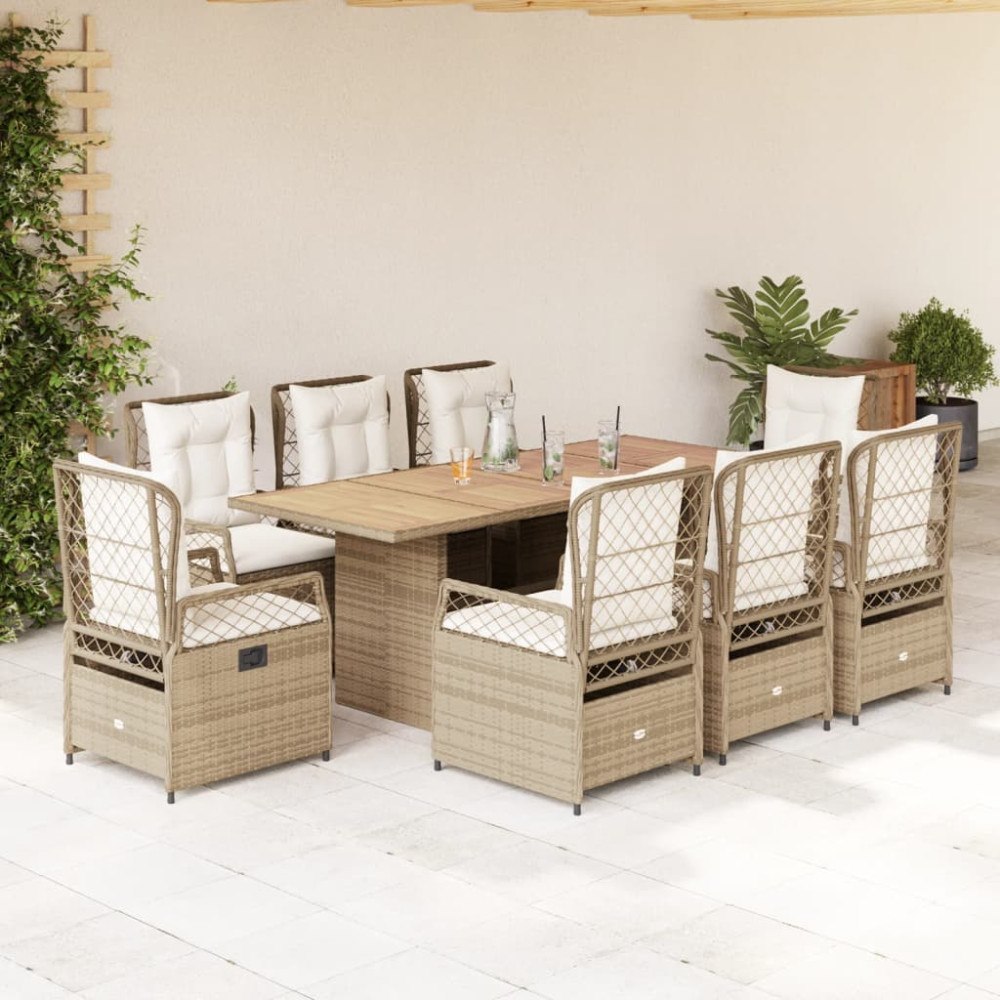 vidaXL Matgrupp för trädgården med dynor 9 delar beige konstrotting