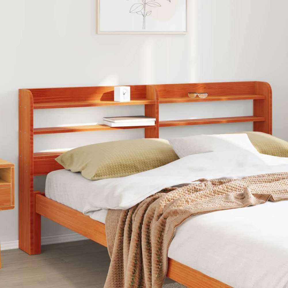 vidaXL Huvudgavel med hyllor vaxbrun 150 cm massiv furu