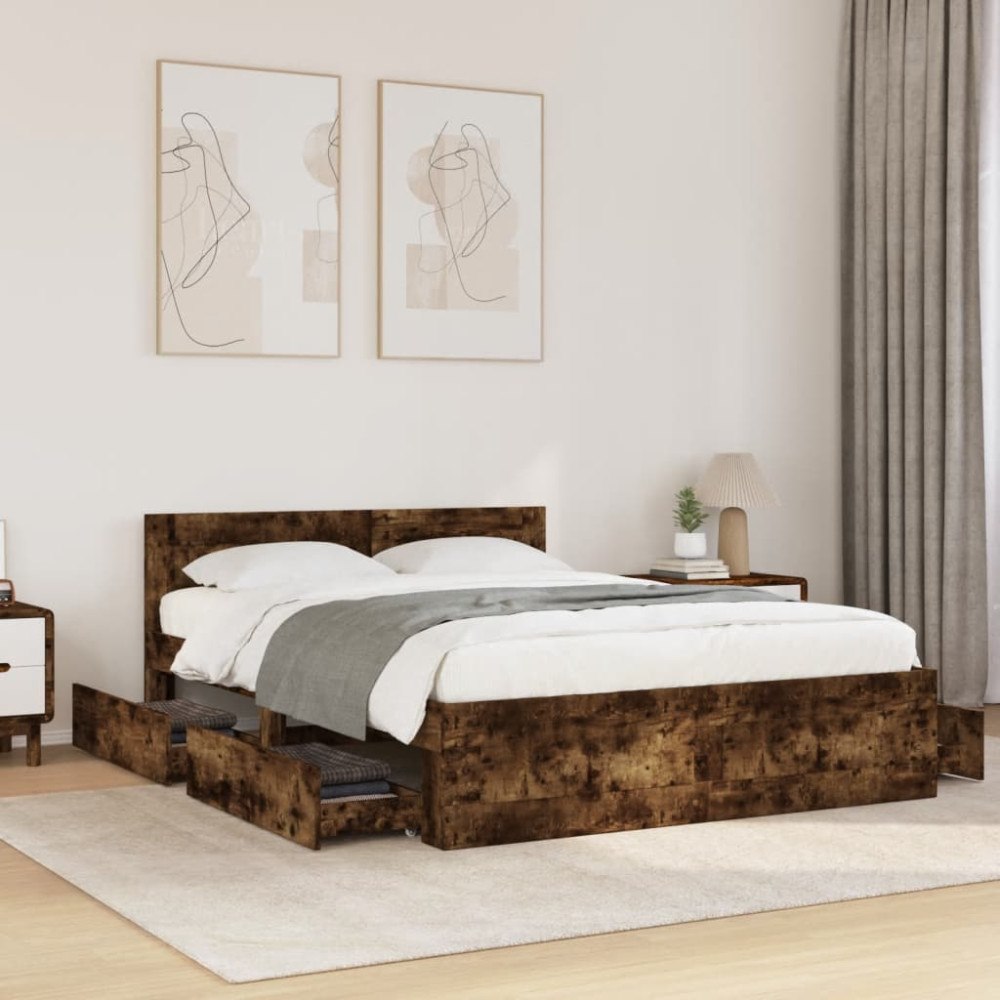 vidaXL Sängram med huvudgavel rökfärgad ek 120x190 cm konstruerat trä