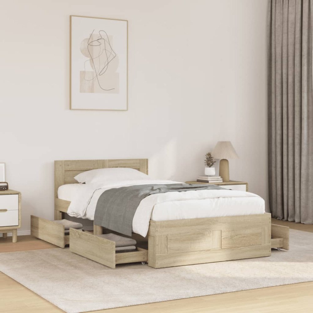 vidaXL Sängram med huvudgavel sonoma-ek 75x190 cm konstruerat trä