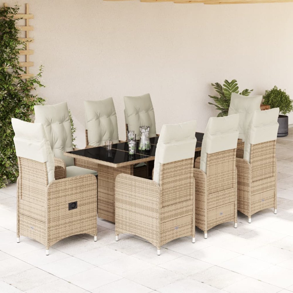 vidaXL Caféset för trädgården 9 delar med dynor beige konstrotting
