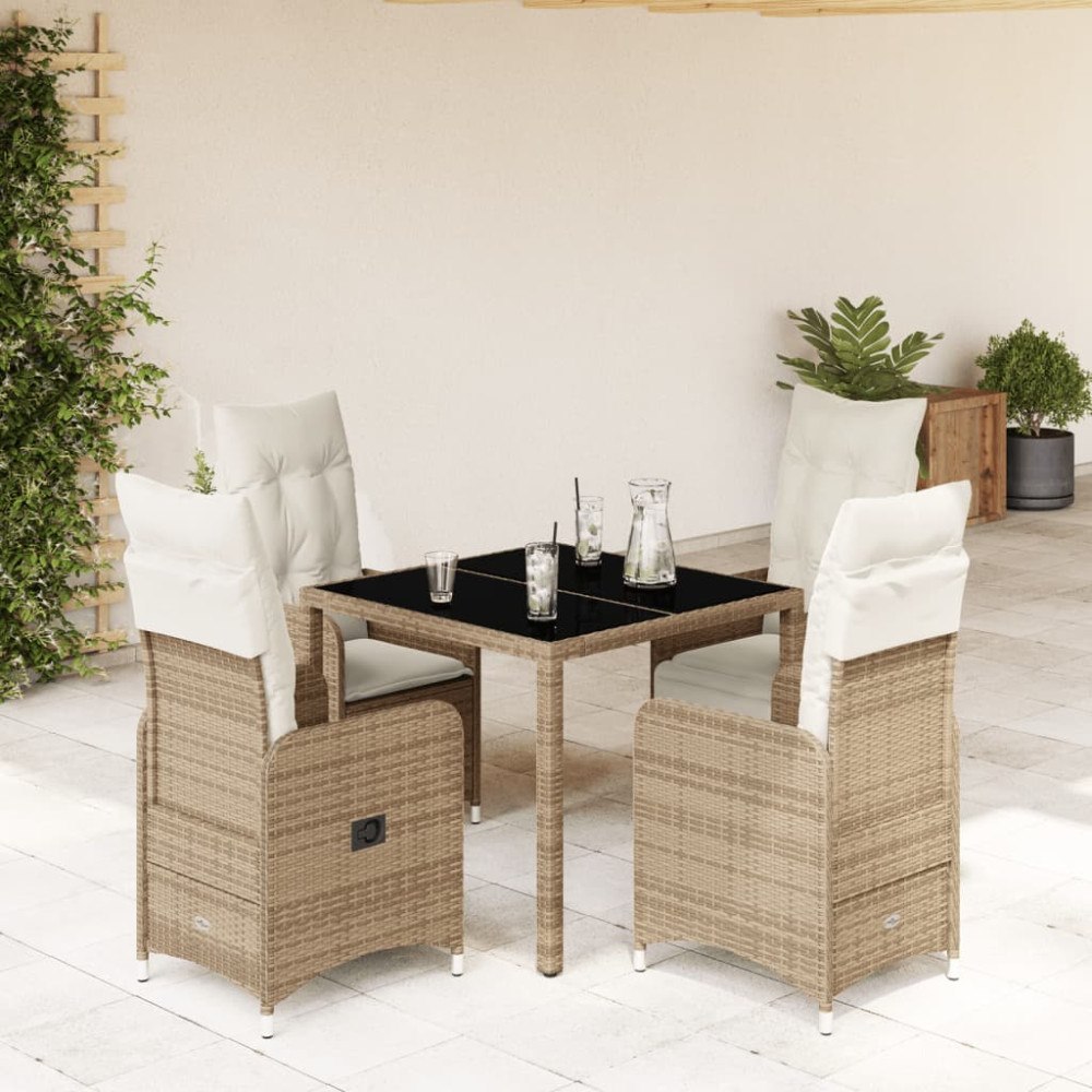 vidaXL Caféset för trädgården 5 delar med dynor beige konstrotting