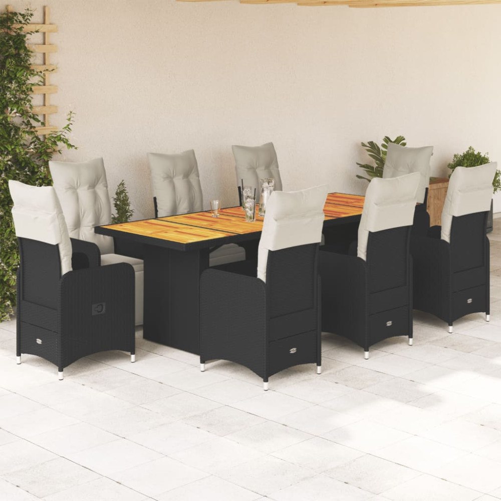 vidaXL Caféset med dynor 9 delar konstrotting svart