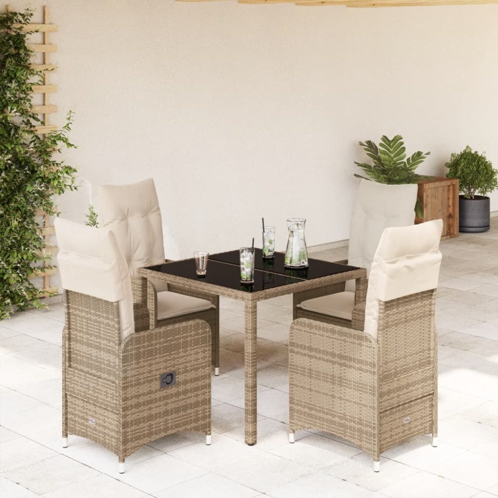 vidaXL Caféset för trädgården 5 delar med dynor beige konstrotting