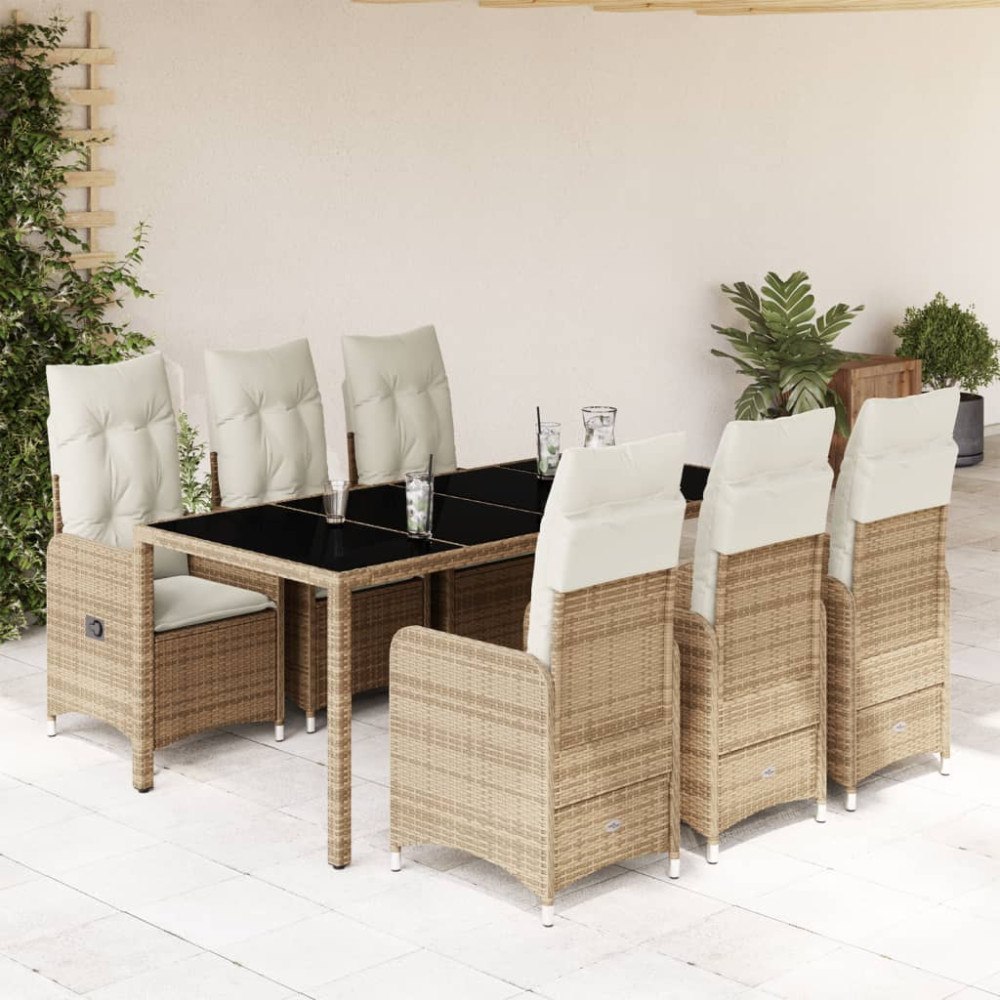 vidaXL Caféset för trädgården 7 delar med dynor beige konstrotting