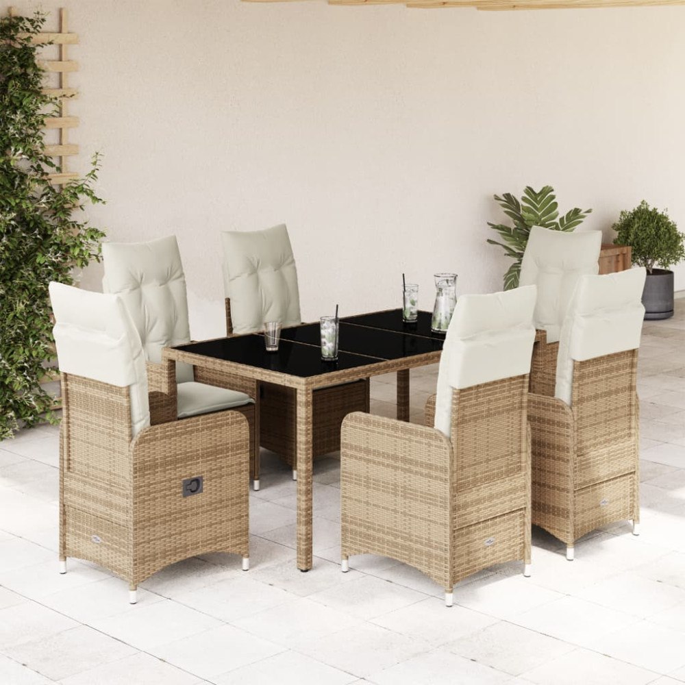 vidaXL Caféset för trädgården 7 delar med dynor beige konstrotting