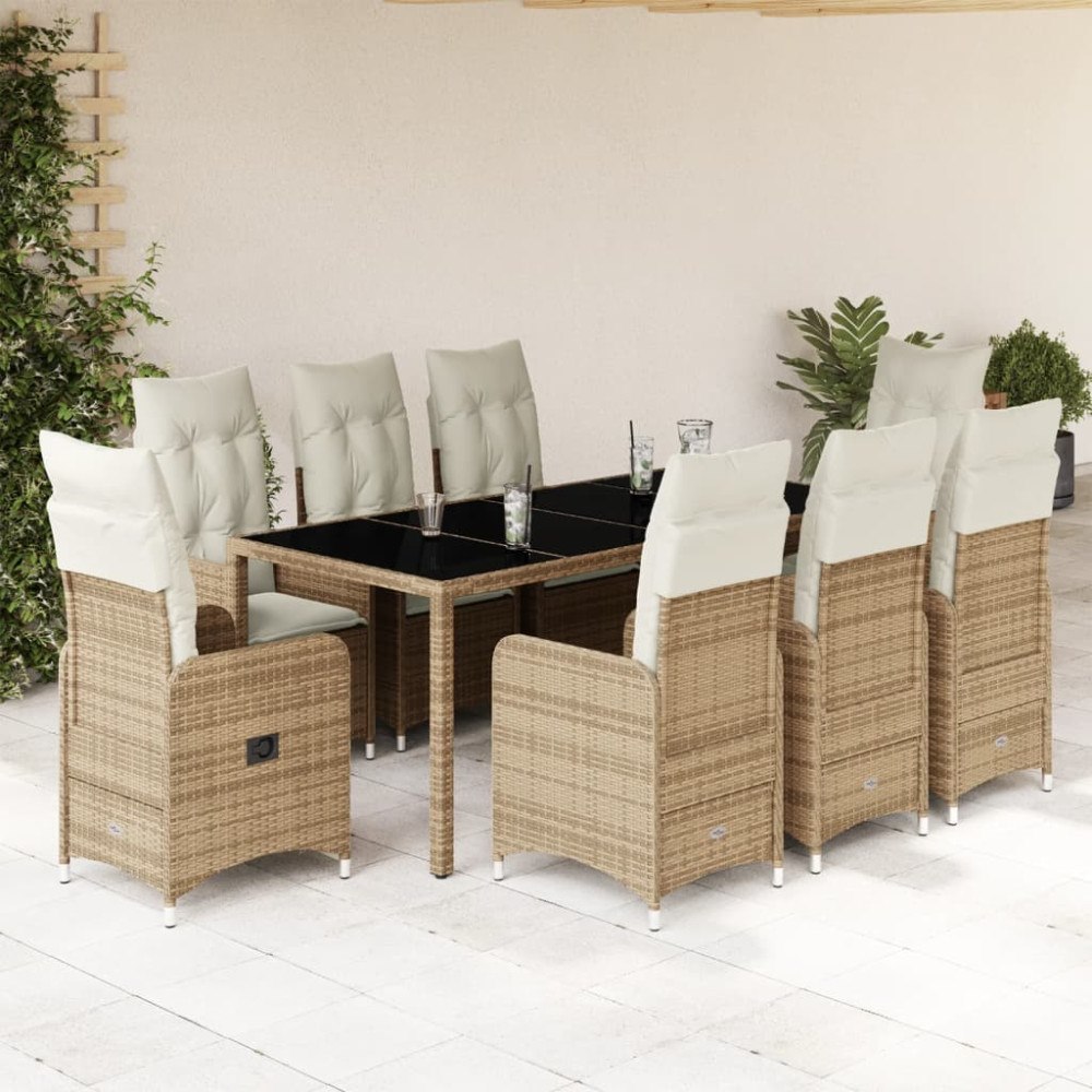 vidaXL Caféset för trädgården 9 delar med dynor beige konstrotting