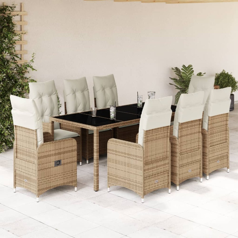 vidaXL Caféset för trädgården 9 delar med dynor beige konstrotting
