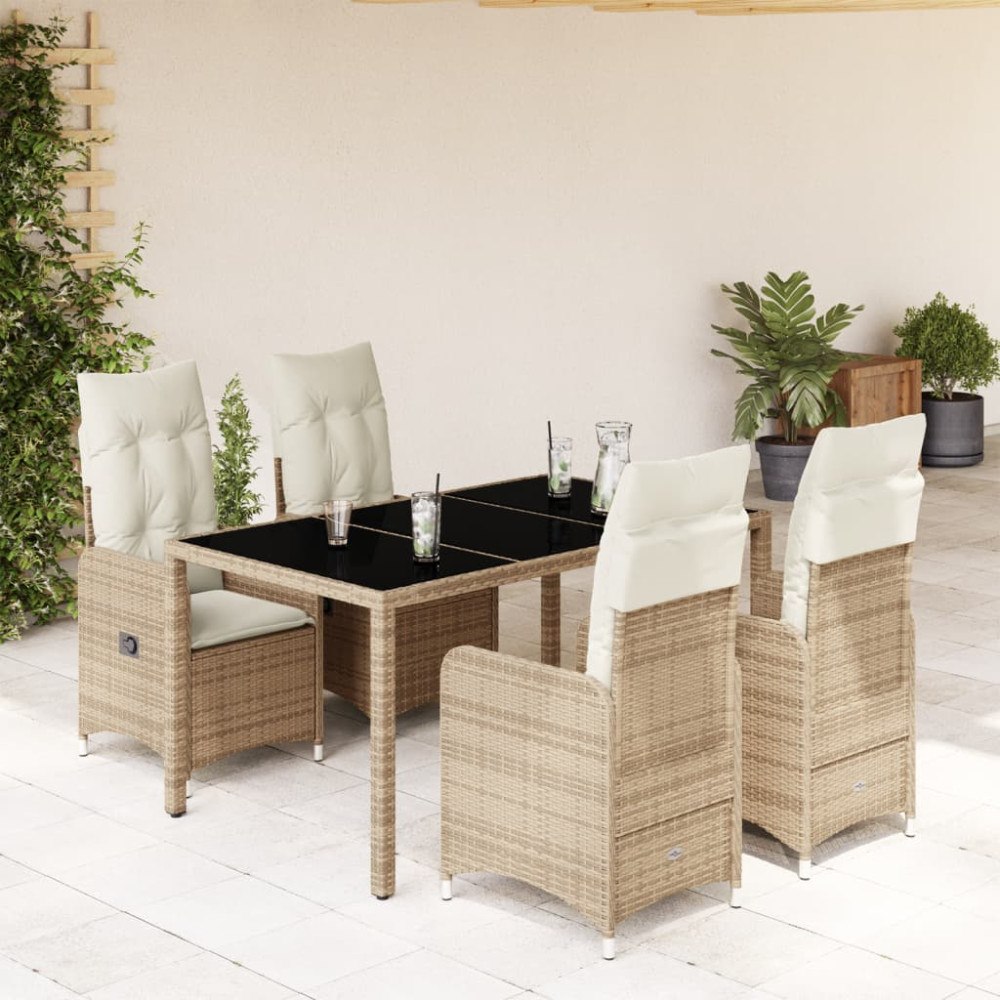vidaXL Caféset för trädgården 5 delar med dynor beige konstrotting