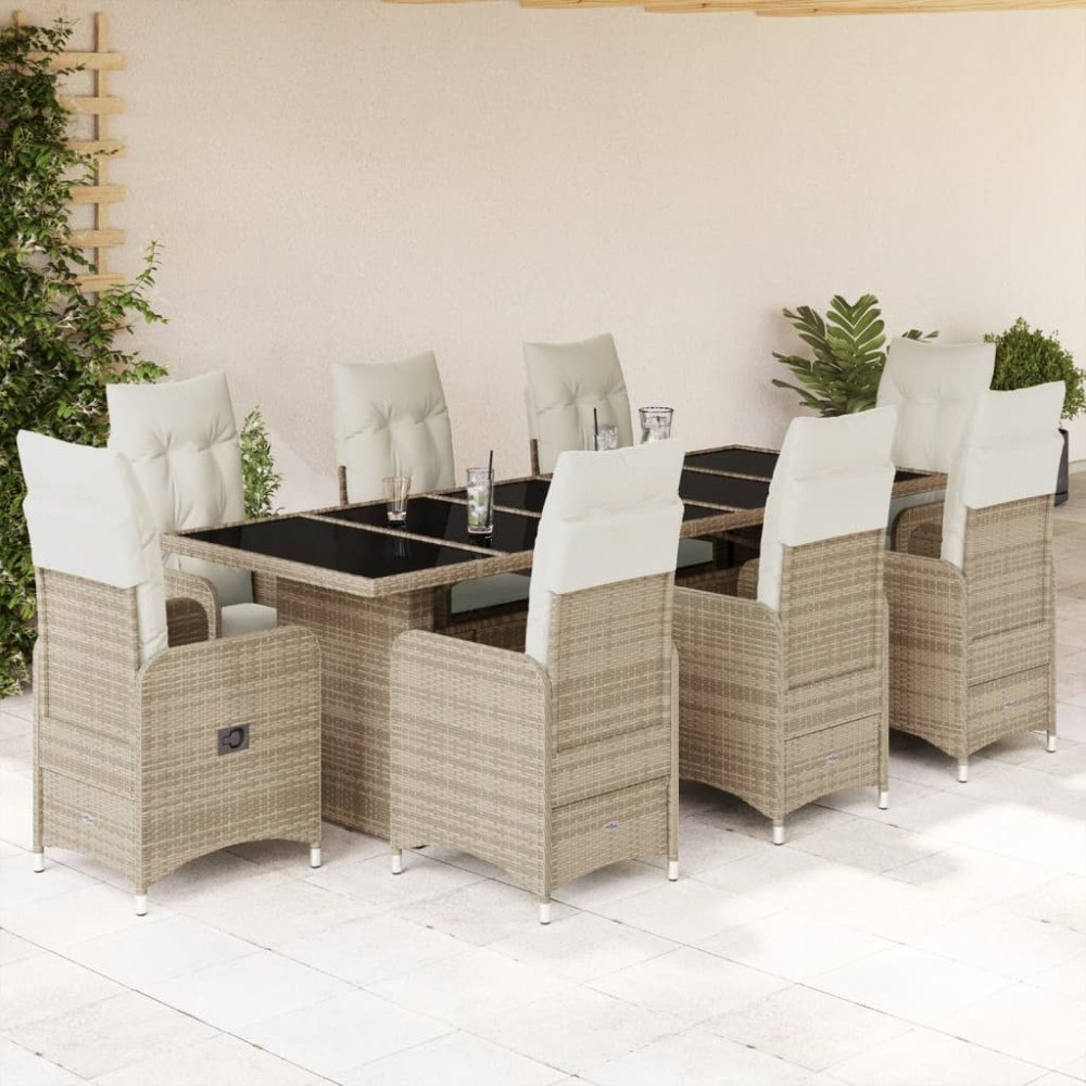 vidaXL Caféset för trädgården 9 delar med dynor beige konstrotting