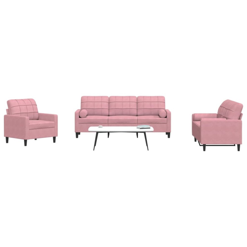 vidaXL Soffgrupp med dynor och bolster 3 delar rosa sammet