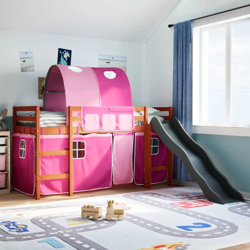 vidaXL Loftsäng med tunnel rosa 80x200 cm massiv furu