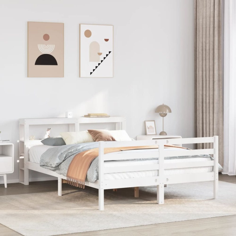 vidaXL Sängram med huvudgavel vit 150x200 cm massiv furu