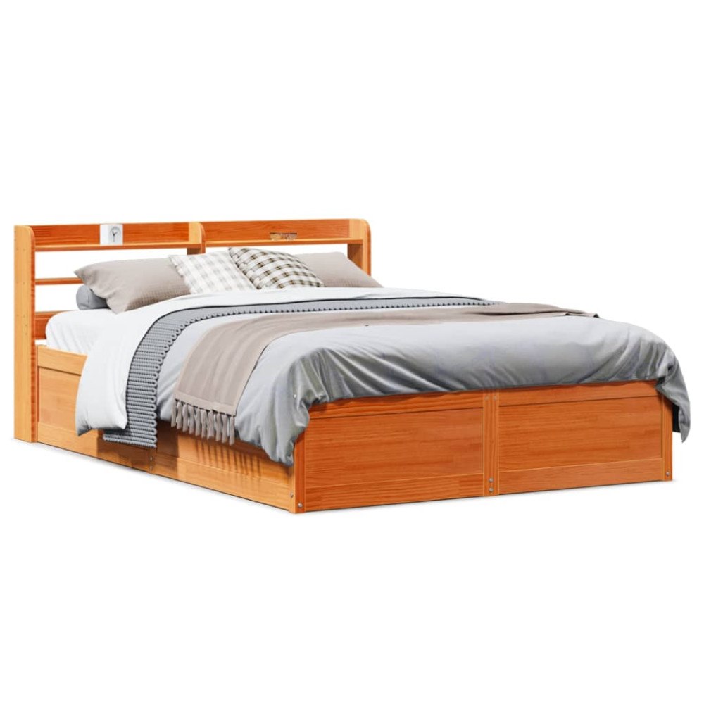 vidaXL Sängram med huvudgavel vaxbrun 135x190 cm massiv furu