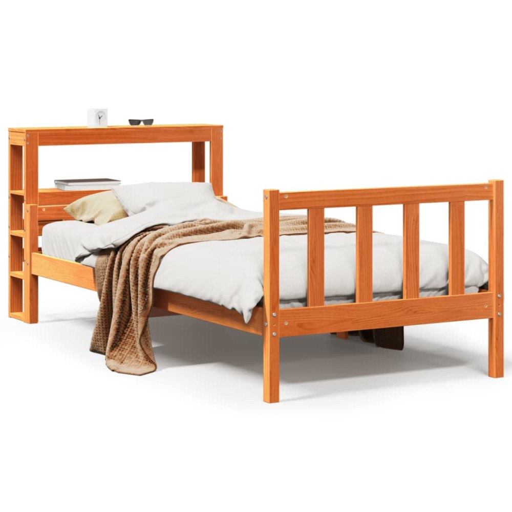 vidaXL Sängram med huvudgavel vaxbrun 75x190 cm massiv furu