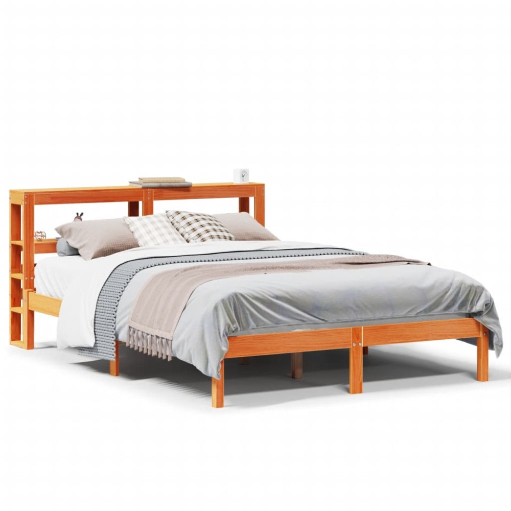 vidaXL Sängram med huvudgavel vaxbrun 140x190 cm massiv furu