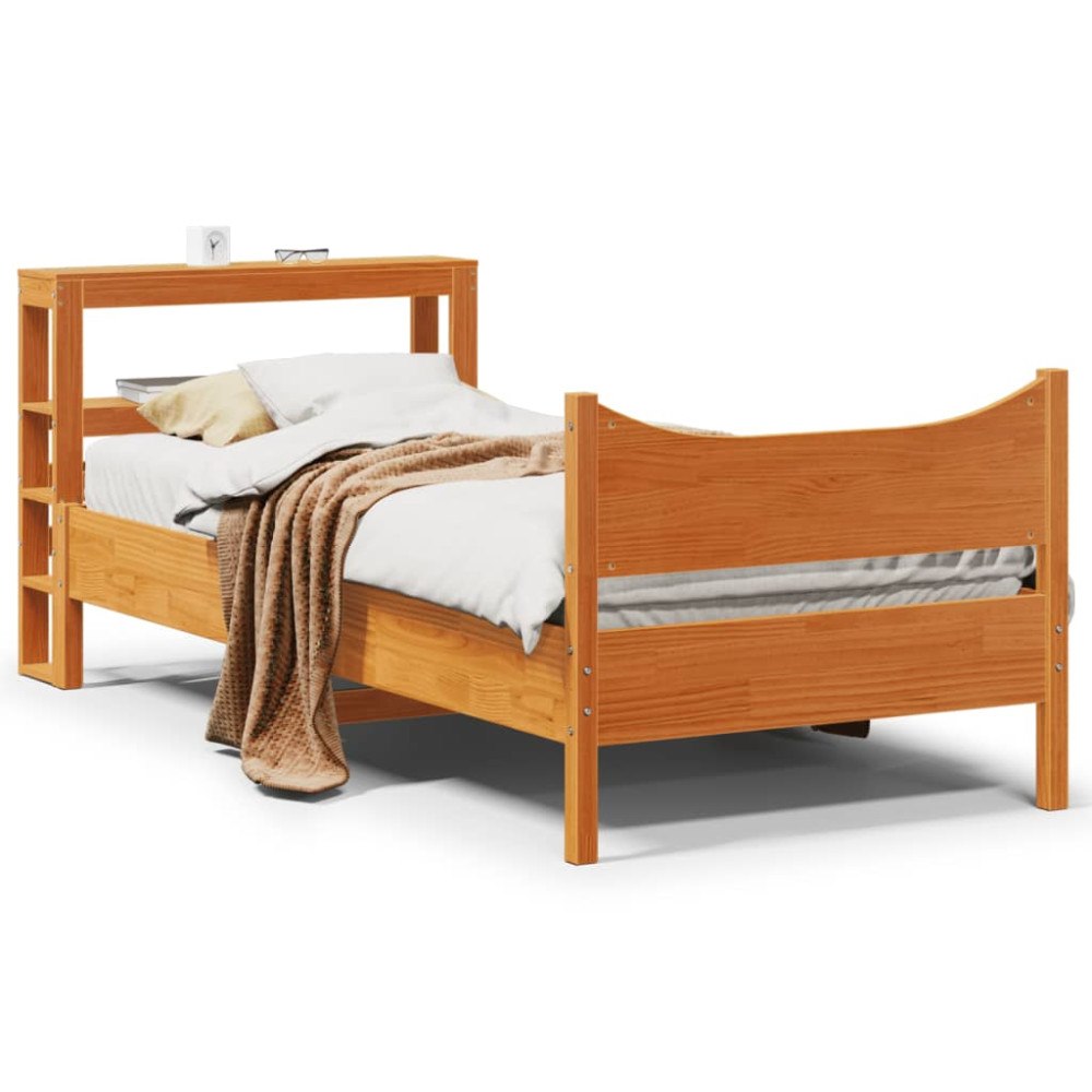 vidaXL Sängram med huvudgavel vaxbrun 90x200 cm massiv furu