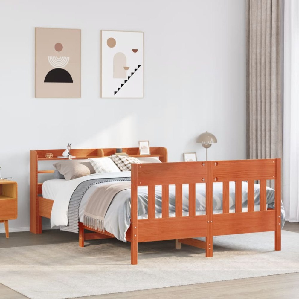 vidaXL Sängram utan madrass vaxbrun 135x190 cm massiv furu