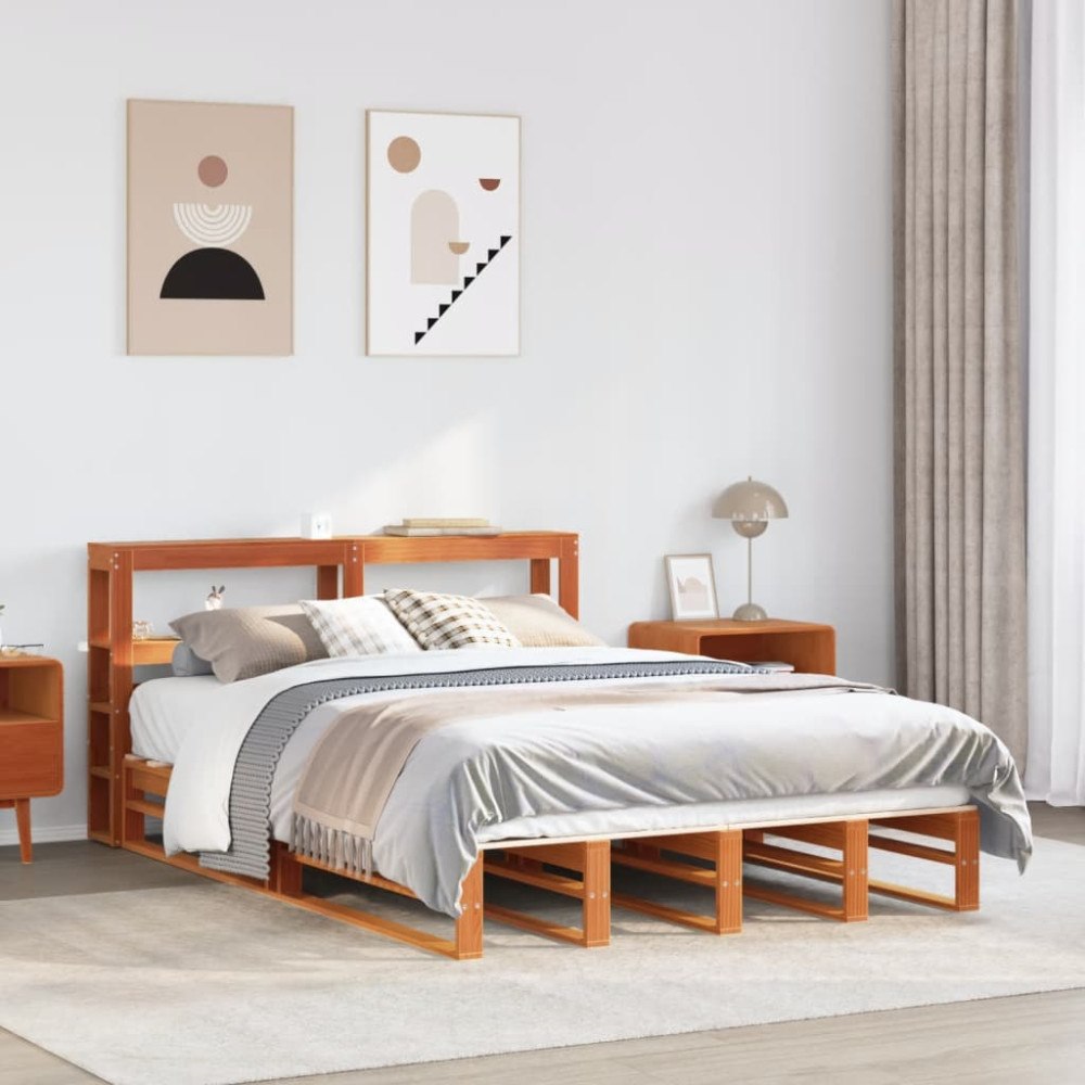 vidaXL Sängram utan madrass vaxbrun 135x190 cm massiv furu