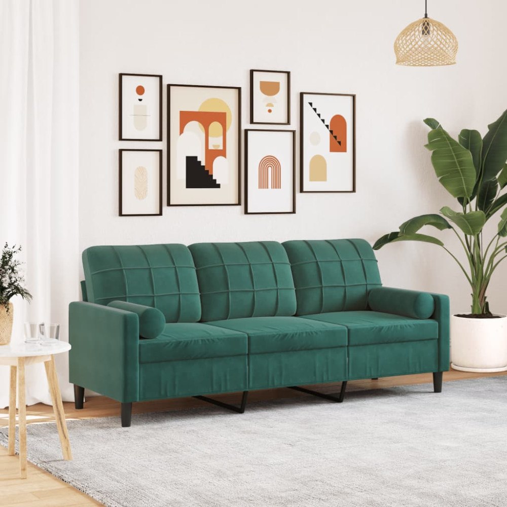 vidaXL 3-sitssoffa med prydnadskuddar mörkgrön 180 cm sammet