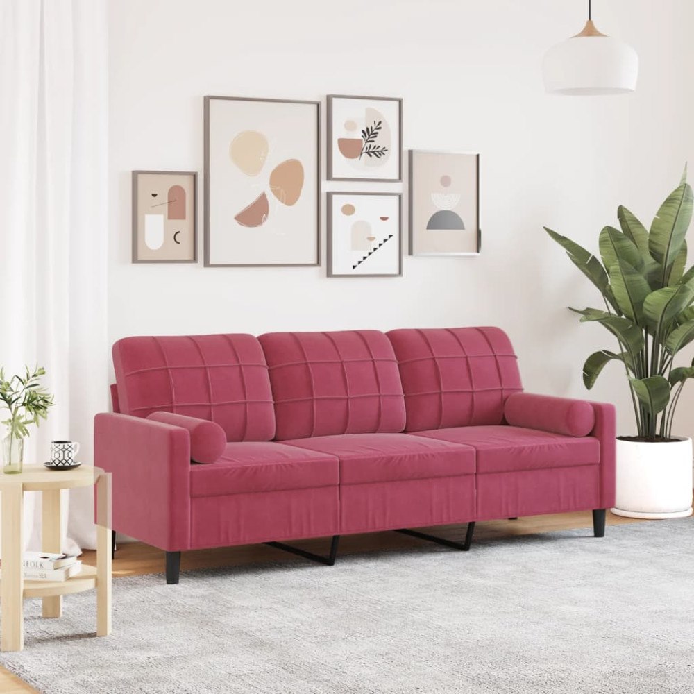 vidaXL 3-sitssoffa med prydnadskuddar vinröd 180 cm sammet