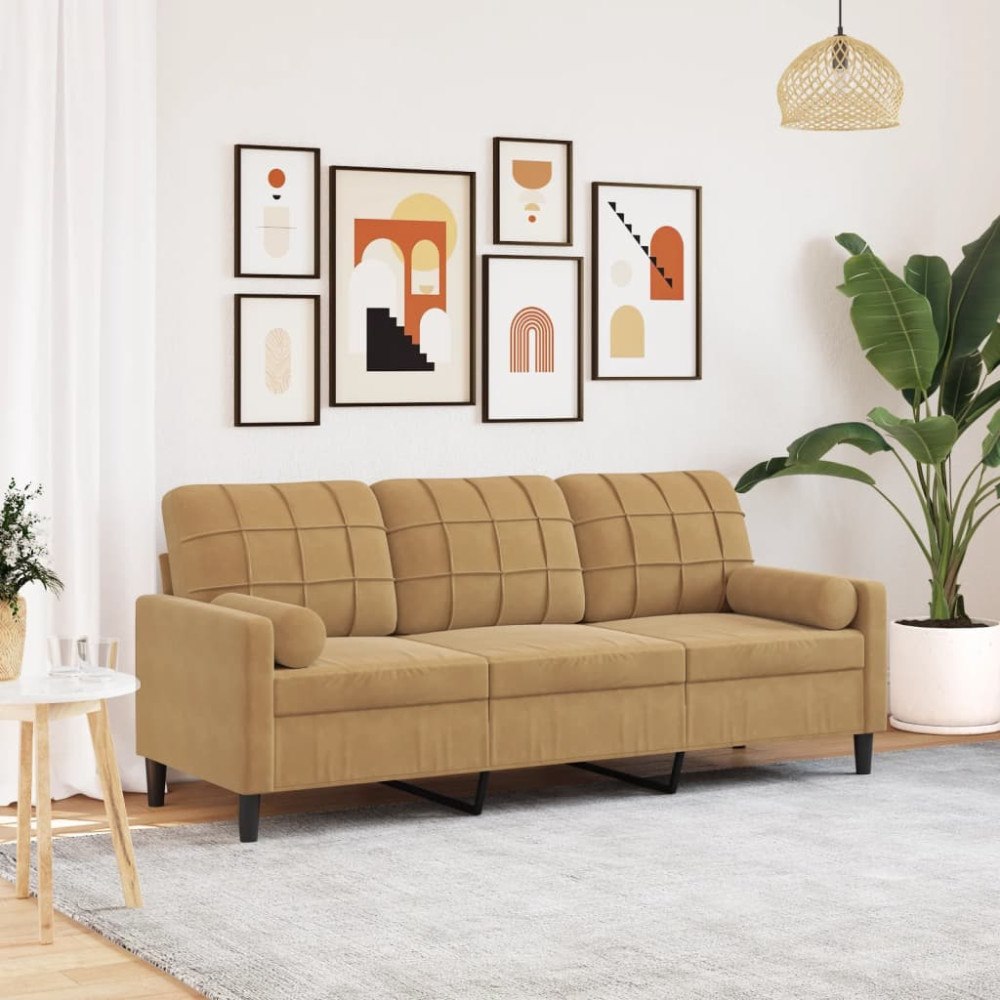 vidaXL 3-sitssoffa med prydnadskuddar brun 180 cm sammet