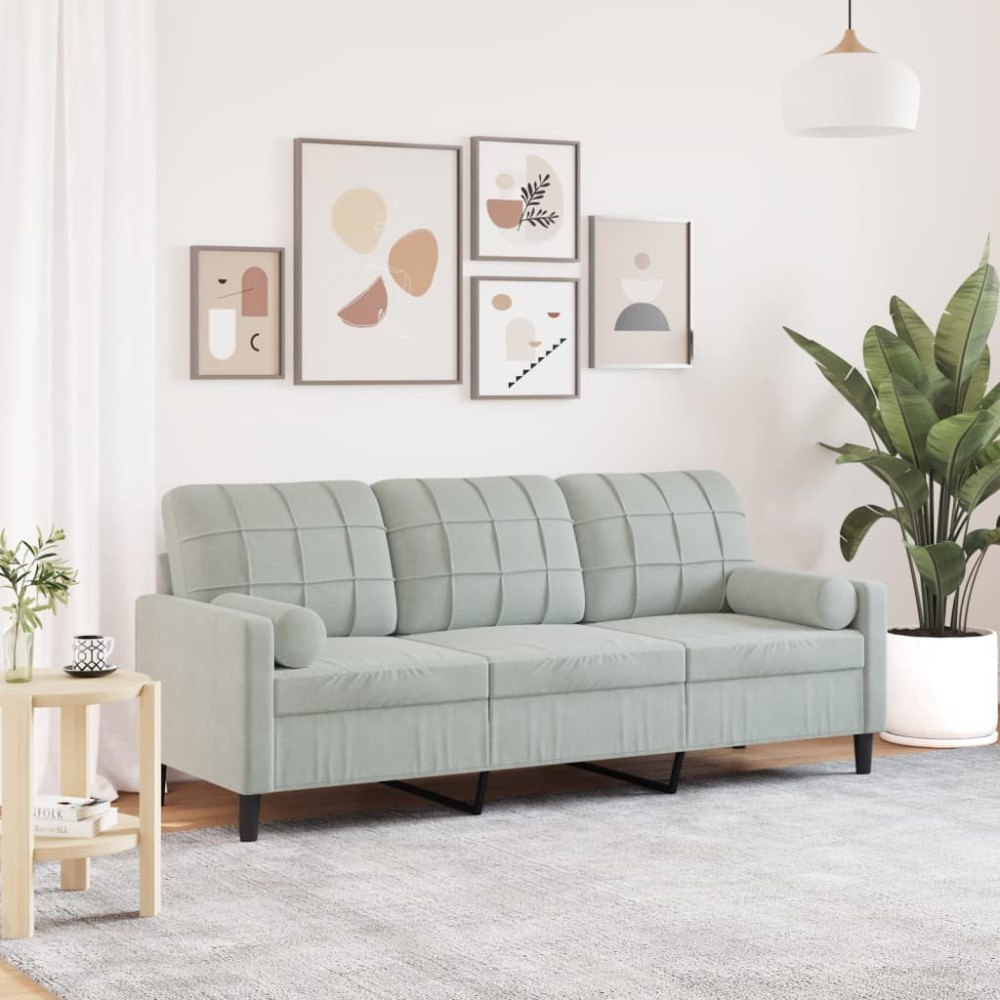 vidaXL 3-sitssoffa med prydnadskuddar ljusgrå 180 cm sammet