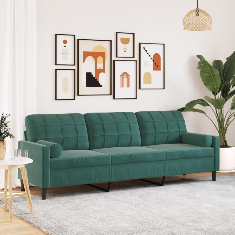 vidaXL 3-sitssoffa med prydnadskuddar mörkgrön 210 cm sammet