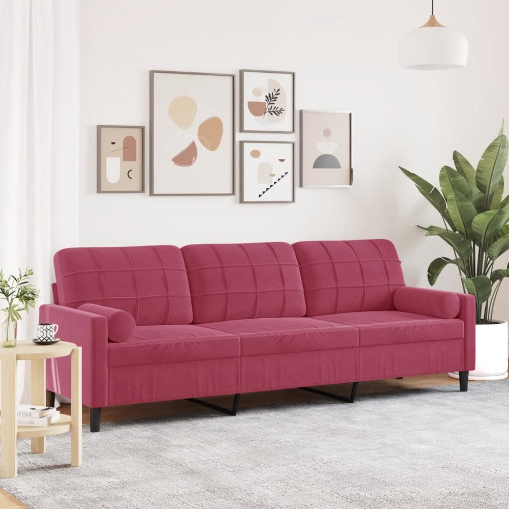 vidaXL 3-sitssoffa med prydnadskuddar vinröd 210 cm sammet