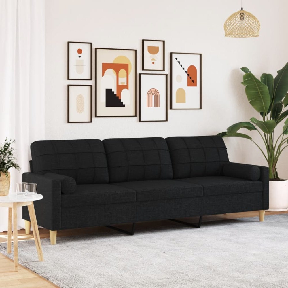 vidaXL 3-sitssoffa med prydnadskuddar svart 210 cm tyg