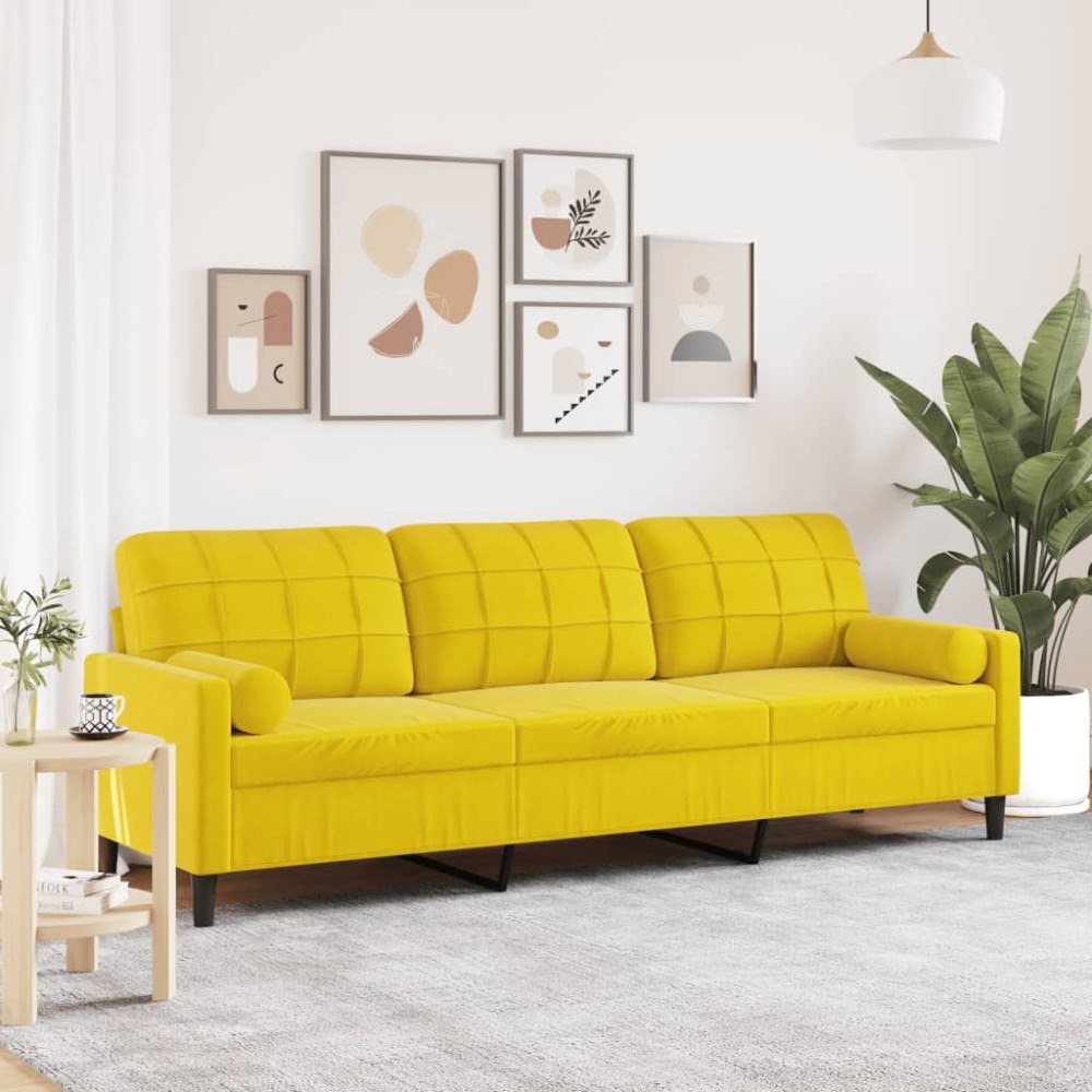 vidaXL 3-sitssoffa med prydnadskuddar gul 210 cm sammet