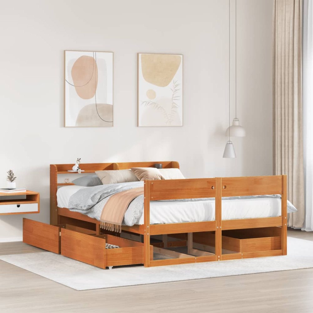 vidaXL Sängram utan madrass vaxbrun 140x200 cm massiv furu