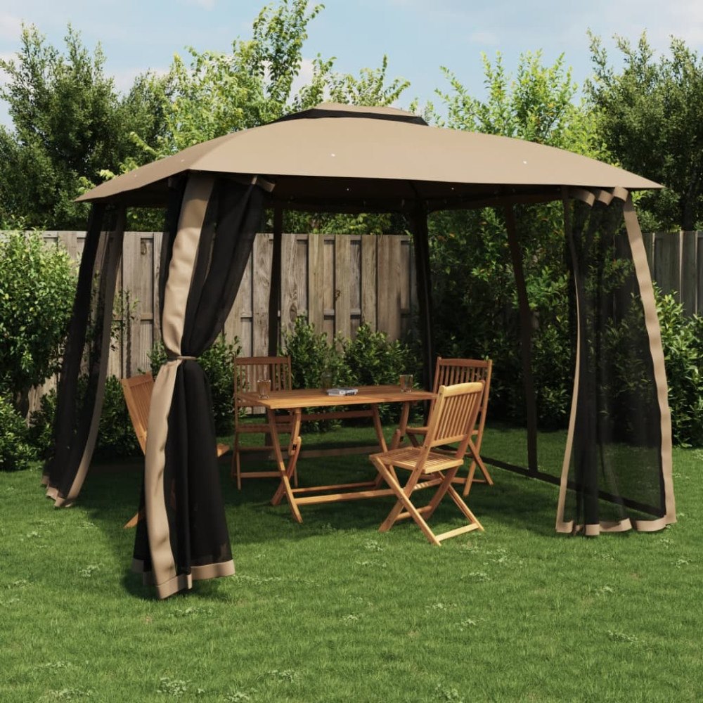 vidaXL Paviljong med dubbelt tak & nätväggar taupe 2,93x2,93 m stål