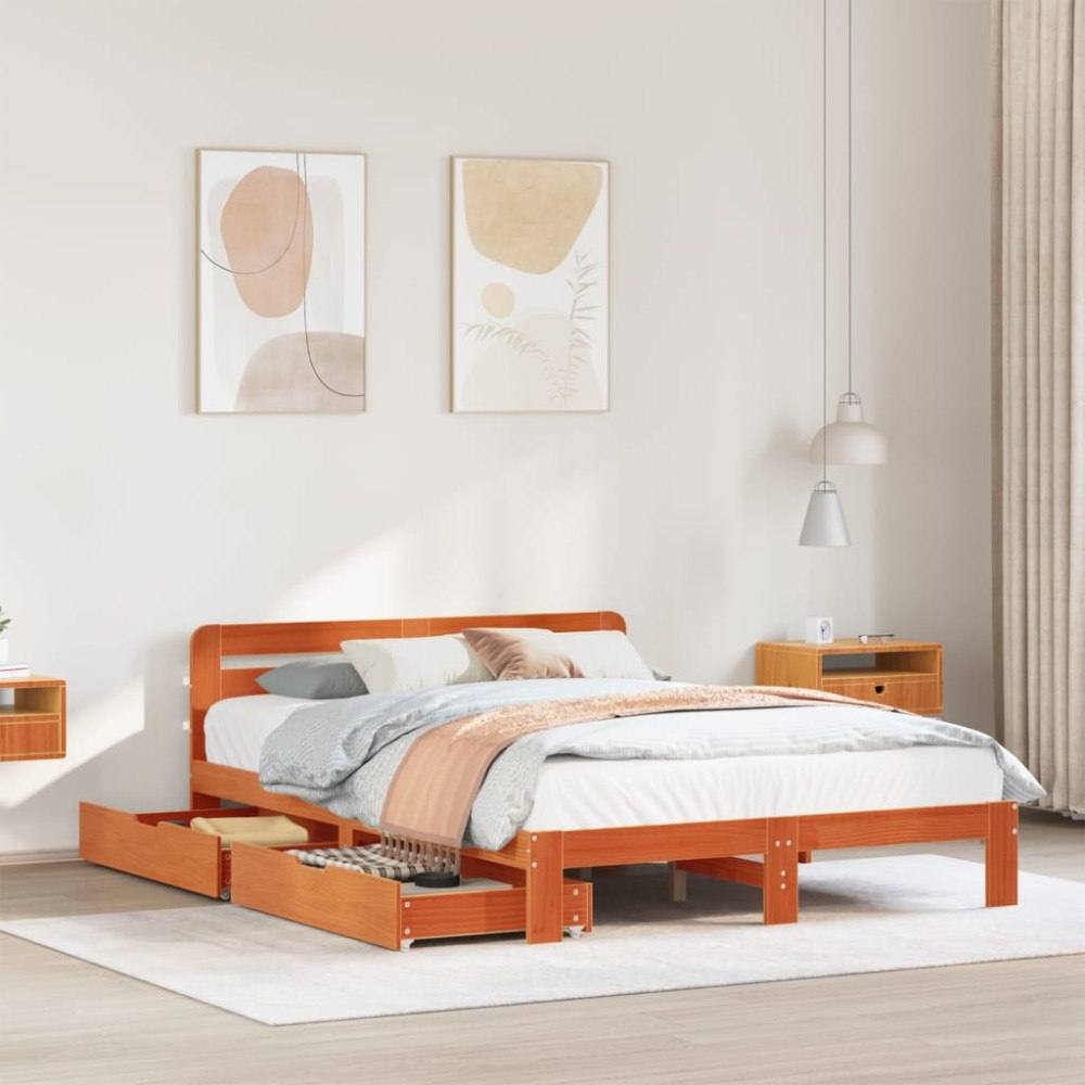 vidaXL Sängram utan madrass vaxbrun 140x200 cm massiv furu